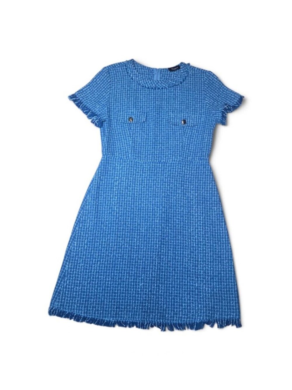EMME Marella Blue Tweed Boucle Flare Mini Dress Fringed Trim Short Sleeve Size 6